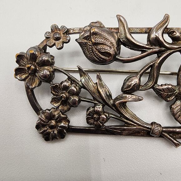 Vintage Art Nouveau Revival Floral Brooch Silver Tone Rose Tulip Bar Pin 1930s - Picture 2 of 8